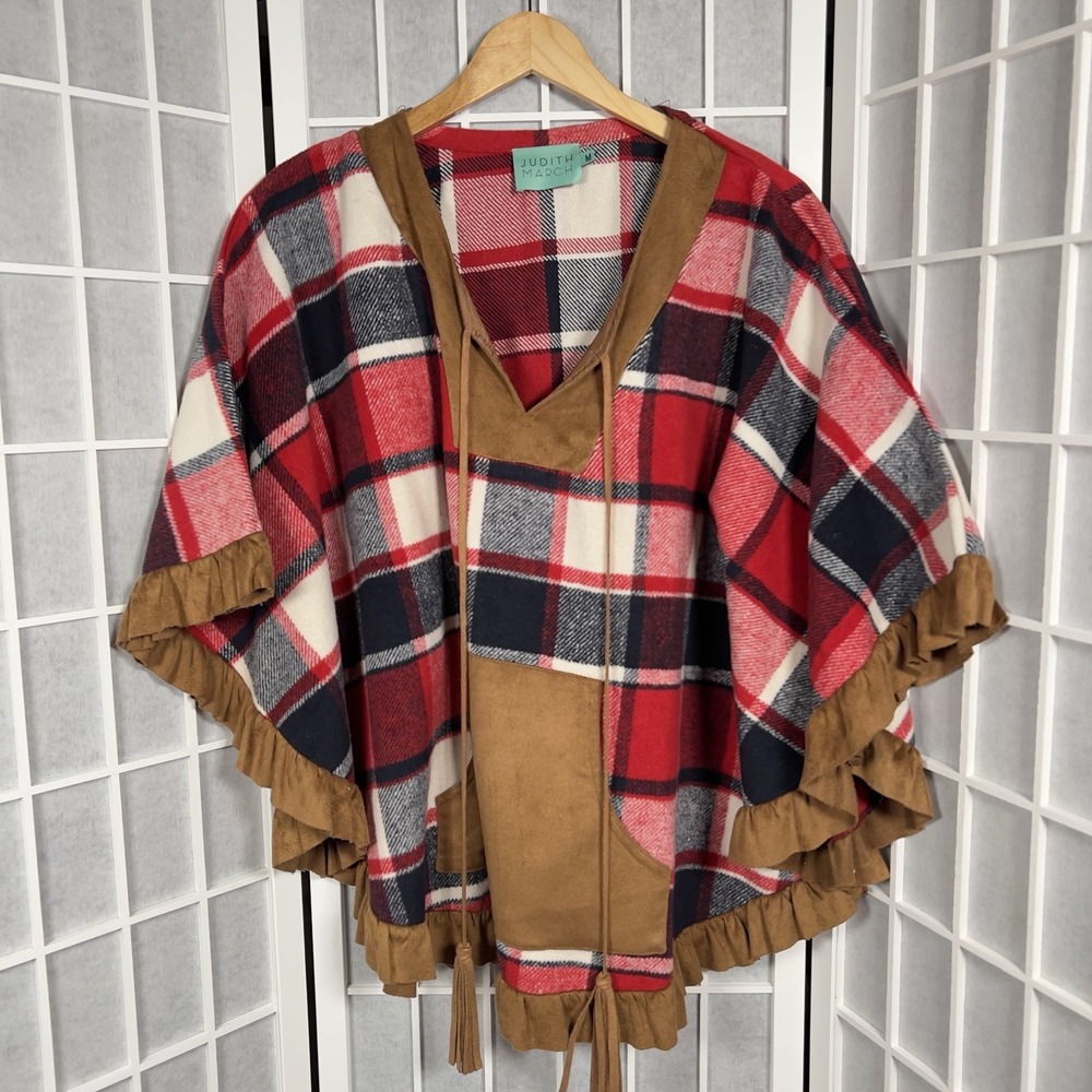 Judith March Poncho Cape Top Plaid Suede Tassel Tie Womens M Boho Western